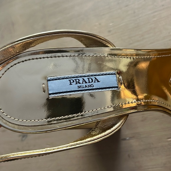 Prada Platform Plateau Ankle Strap Heel Sandals in Metallic Gold 37.5, US 7.5 - Picture 7 of 14